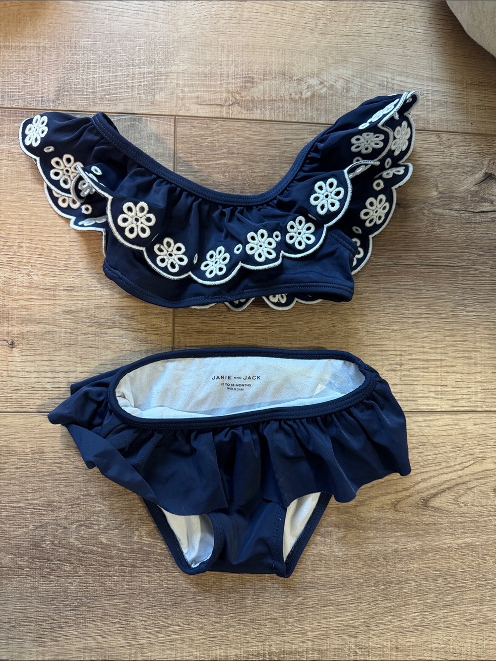 Janie and Jack Navy Swim Bikini with White Floral Scallop Embroidery 12-18 month